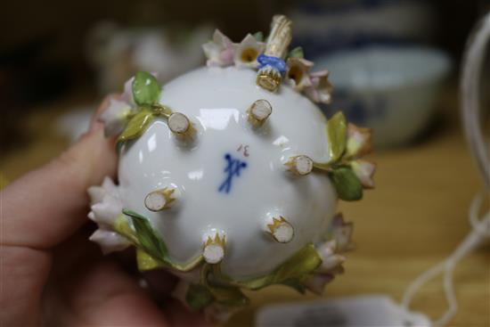 A Meissen floral encrusted cup and saucer, a similar teapot, a Chinese teabowl, two jugs and a scent bottle